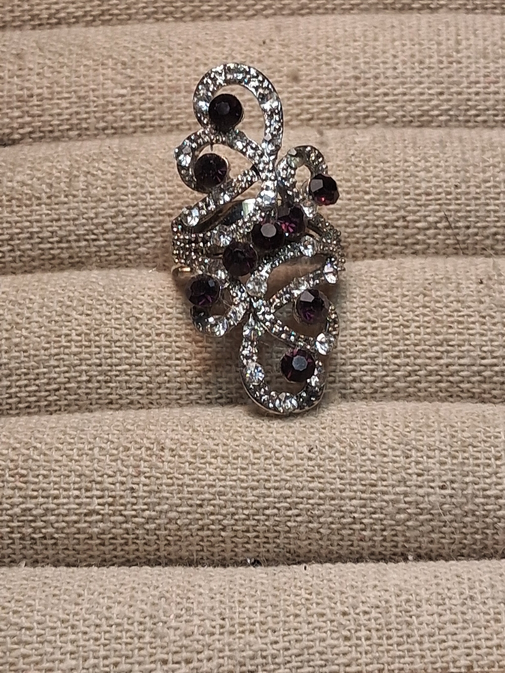 Ornate Silver Cocktail Ring with Deep Purple Stones Ajustable Band!